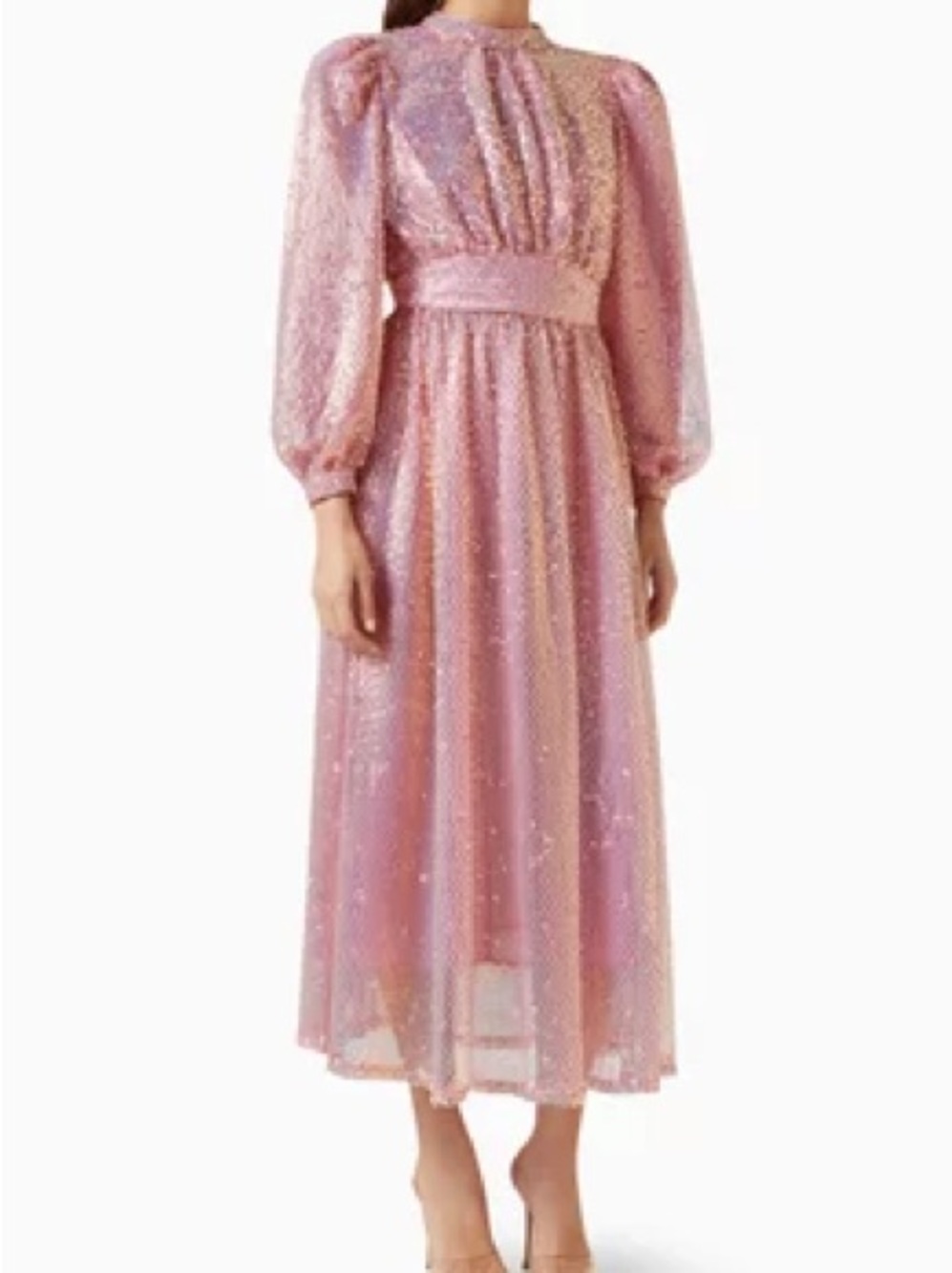 CeliaB Pink Sequin Midi Dress with Puff Sleeves